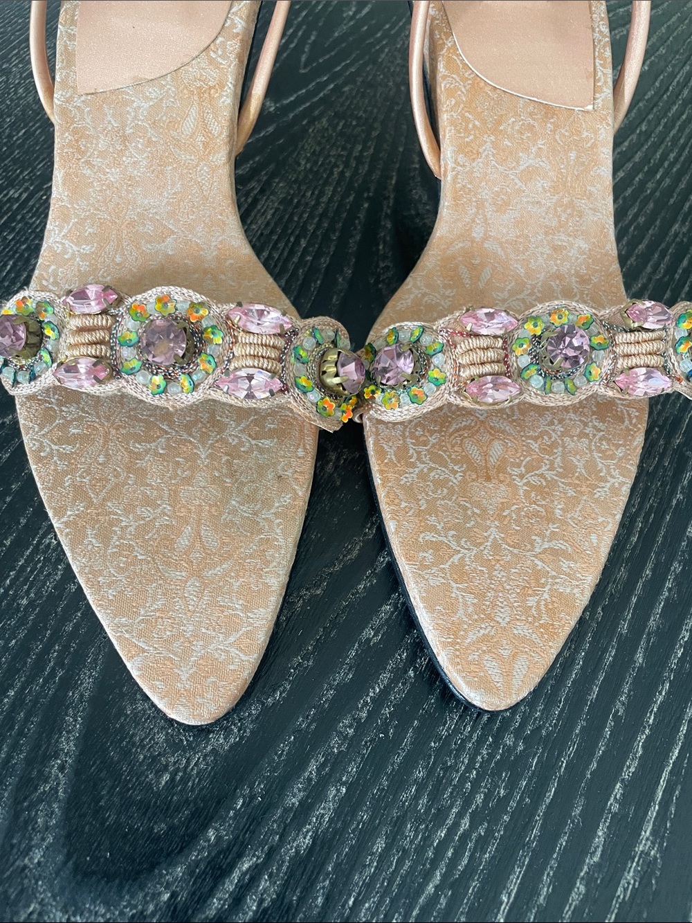 Italian Shoemakers Peach Jeweled Strap Heelse. Printed silk insole